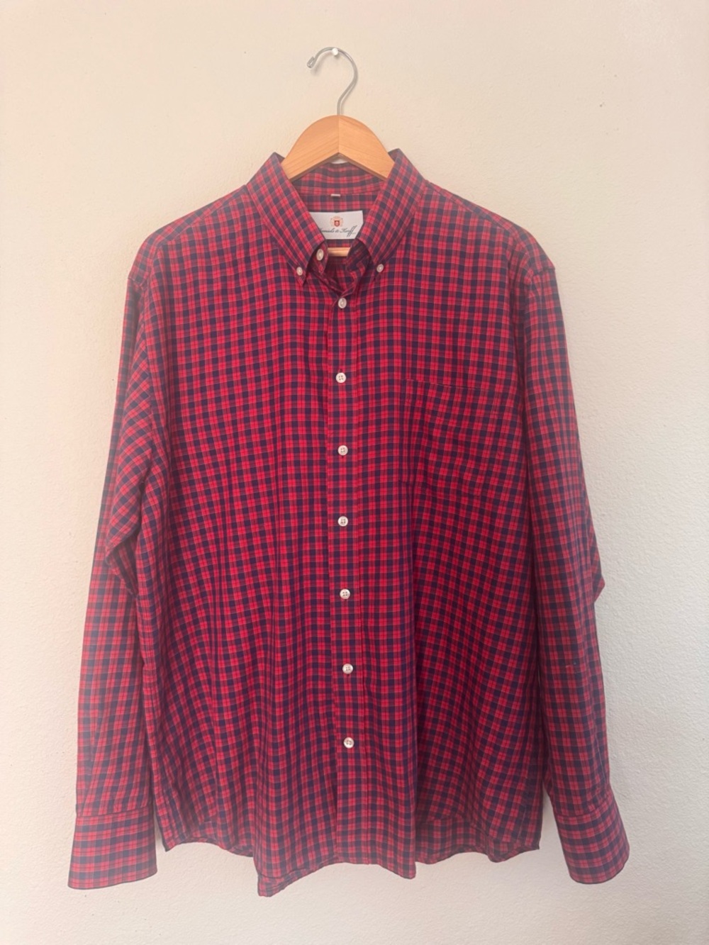 Men's 44 Red Black Plaid Button-Down Oxford Shirt by Daniels & Korff of Germany
